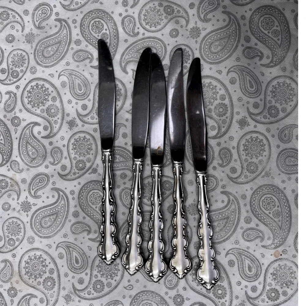 Vintage Style Stainless Steel Dinner Knives Set of 5 Ornate Handle